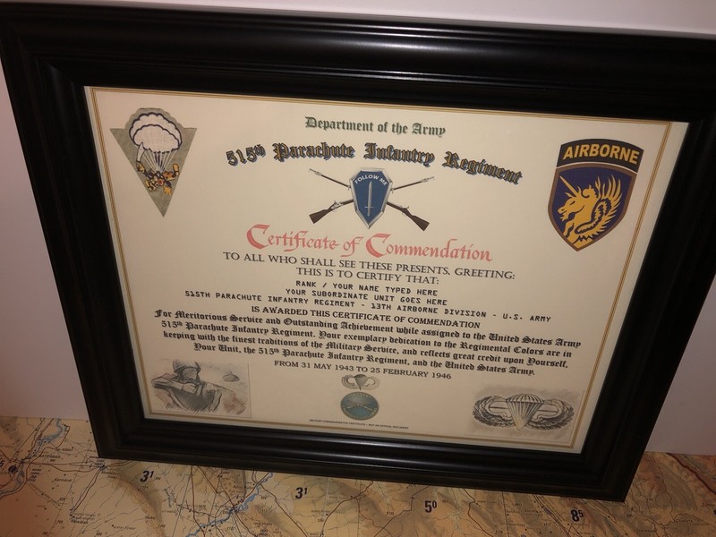 515TH PARACHUTE INFANTRY REGIMENT / COMMEMORATIVE - CERTIFICATE OF COMMENDATION gallery