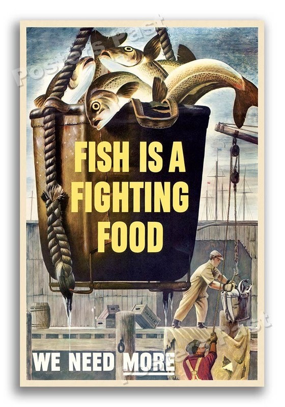 “Fish is a Fighting Food” 1943 Vintage Style World War 2 Poster - 16x24