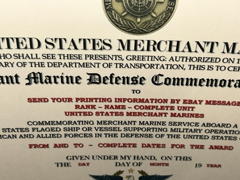 MERCHANT MARINE DEFENSE MEDAL COMMEMORATIVE CERTIFICATE ~ W/PRINTING TYPE-1 gallery